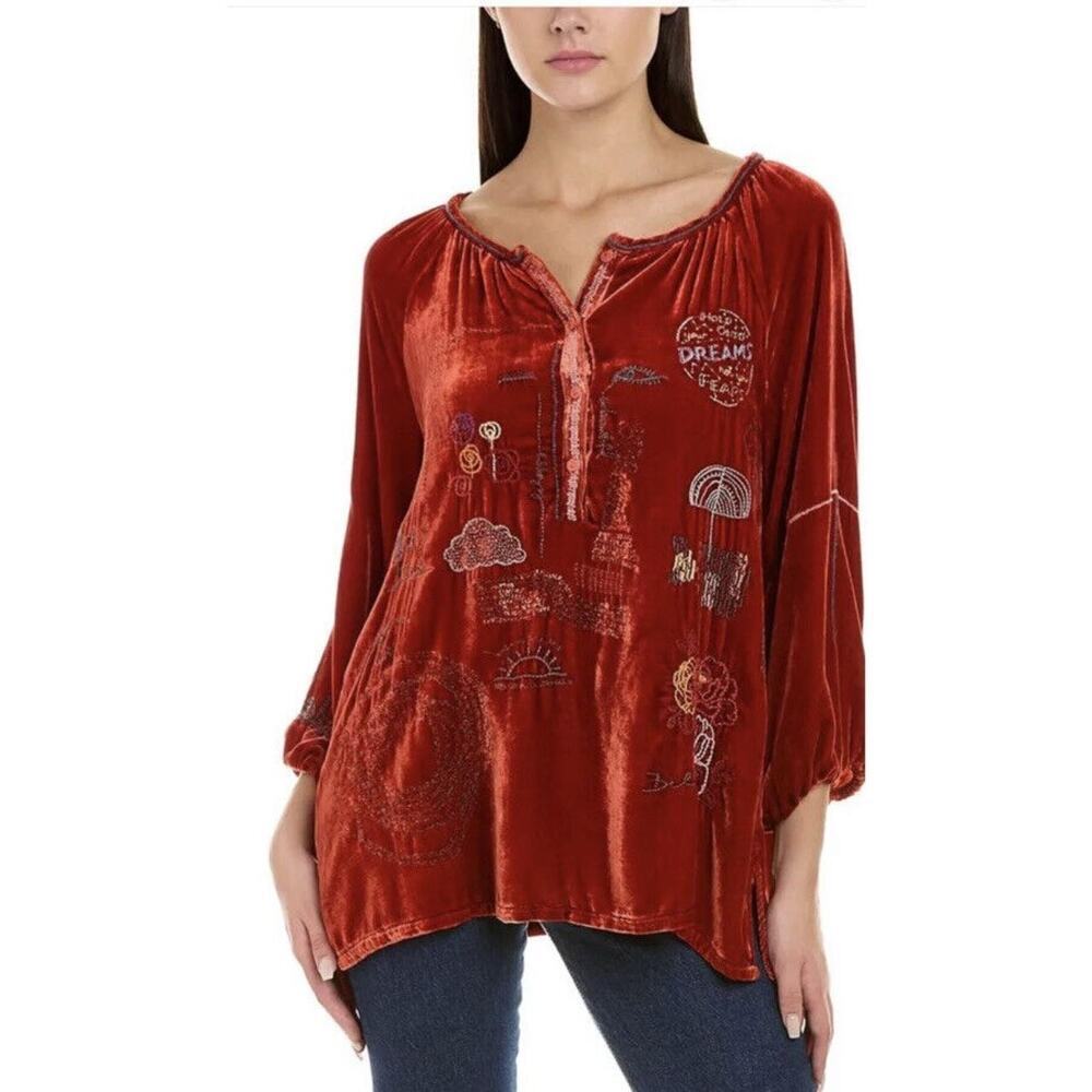 Johnny Was Biya Zuri Velvet Silk Blend Blouse Embroidered Top Size New Small
